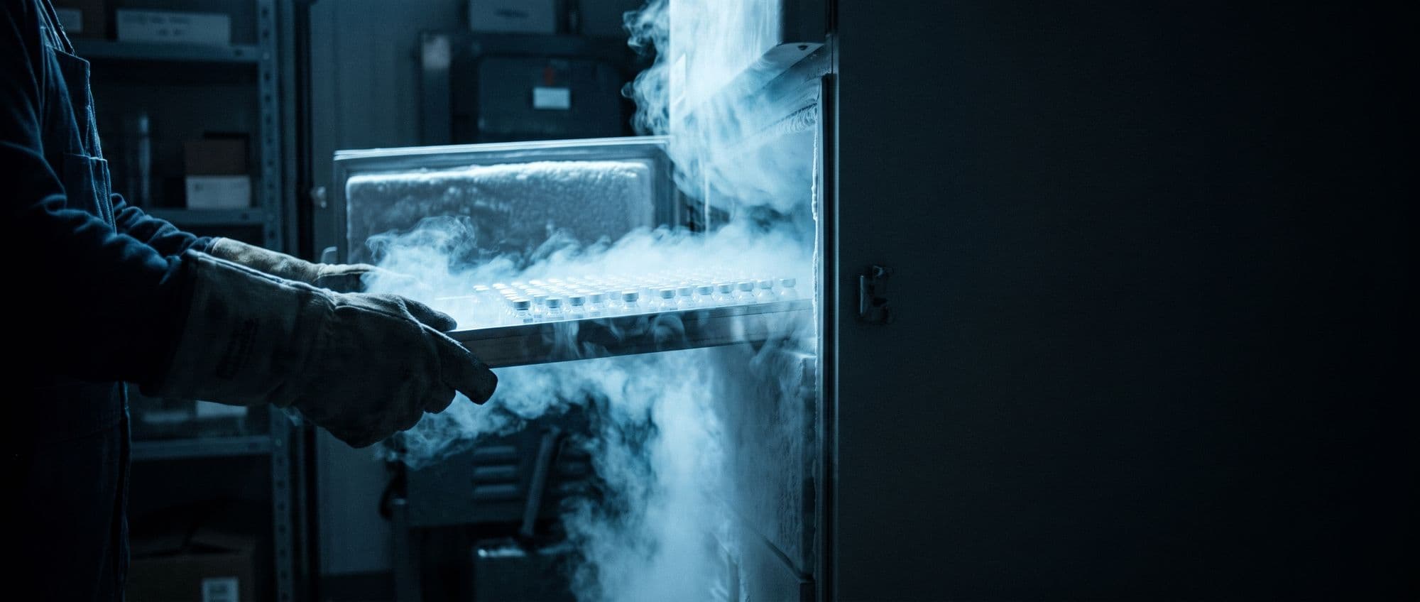 Gloved hands drawing a tray of vials out of a freezer, cold vapour spilling over the edge