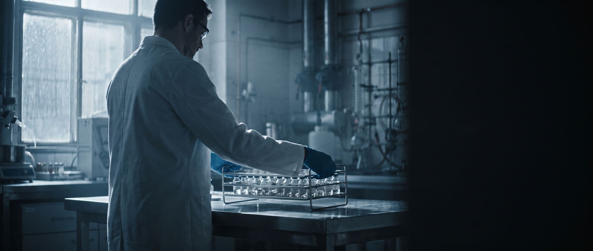 A researcher in a lab coat and nitrile gloves setting a rack of vials onto a steel bench